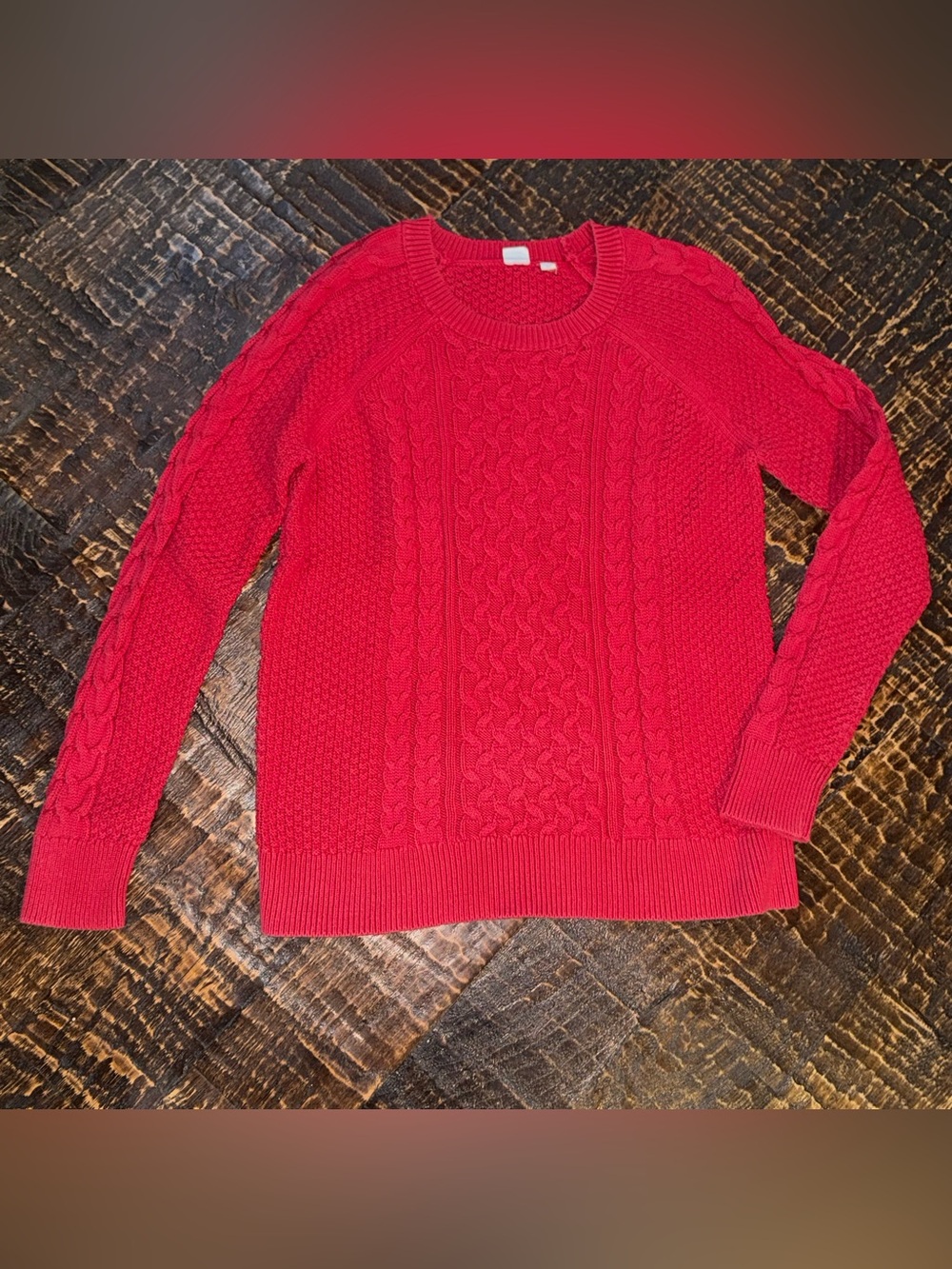 Coastal Cozy Cabin Fisherman Preppy GAP Red Textured Cable Knit Crewneck Sweater